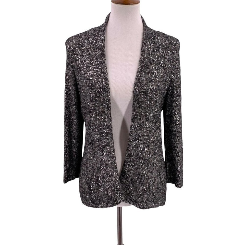 Eileen Fisher Black and Silver Linen Blend Cardigan Sweater Size Small